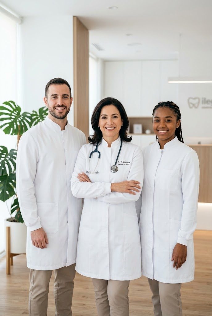 Equipo de Clínica Dental Smile sonriendo en la recepción de la clínica