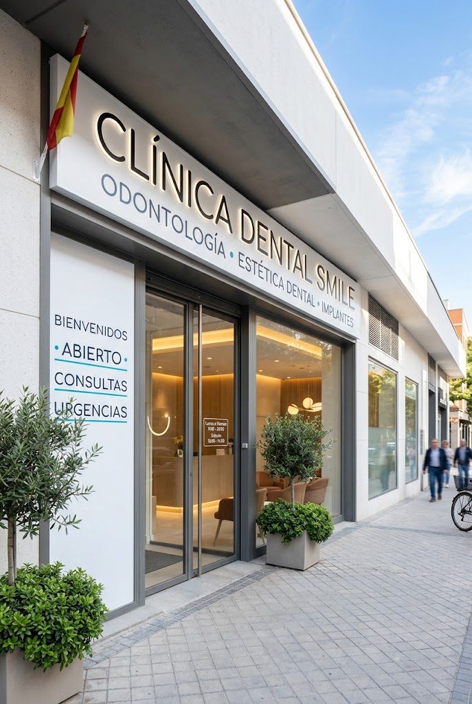 Fachada de Clínica Dental Smile con su rótulo iluminado y la entrada de vidrio