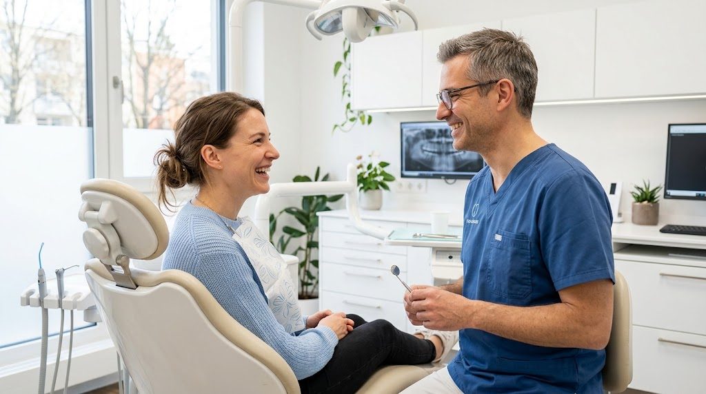 Paciente riendo en el sillón dental mientras conversa con su dentista en un consultorio luminoso