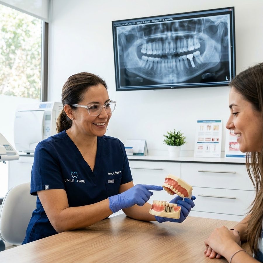Dentista explicando un implante con un modelo dental y radiografía panorámica