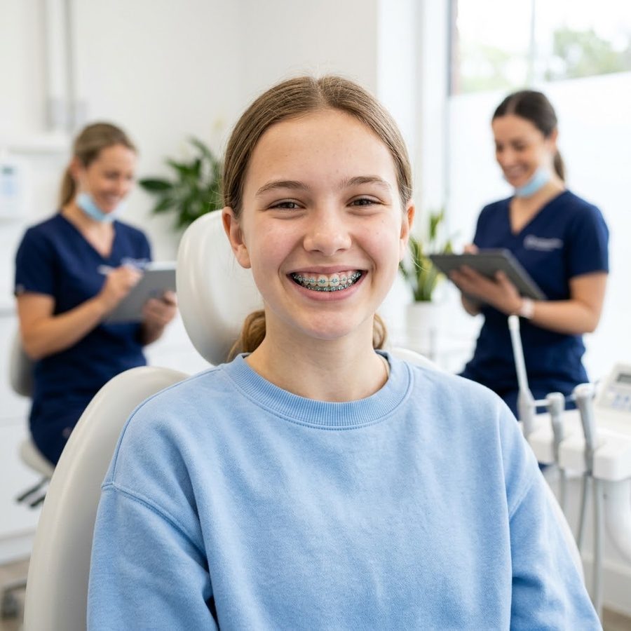 Adolescente sonriendo con brackets en el consultorio