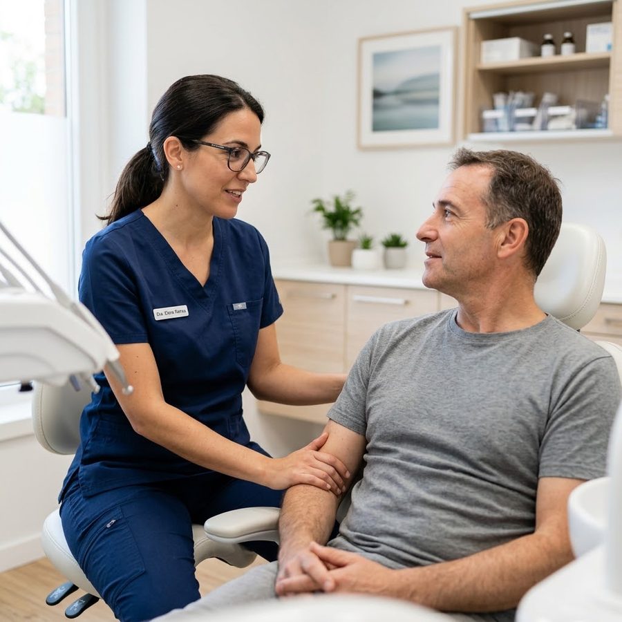 Dentista tranquilizando a un paciente sentado en el sillón